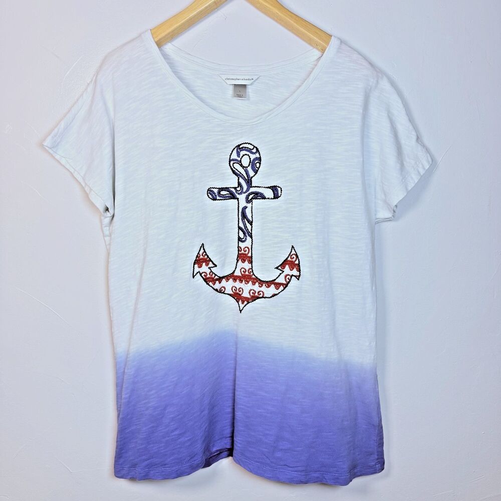 Christopher and Banks Shirt Anchor Embroidery Size Large Cotton Nautical Cruise